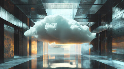 Wall Mural - surreal architecture with a giant cloud inside a metallic room. generative ai image. [dream architec