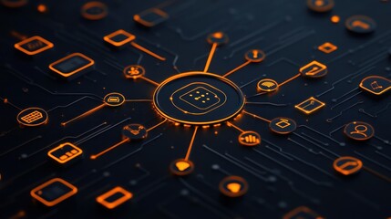 Poster - Abstract digital network connection interface with glowing tech icons