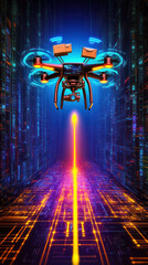 Poster - A drone is flying through a neon colored tunnel. The tunnel is filled with bright lights and the drone is surrounded by boxes