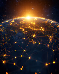 Poster - A globe with a network of lines connecting it. The globe is lit up with a bright orange sun in the center
