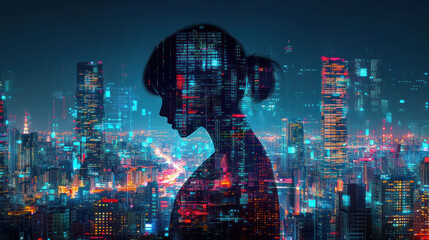 Poster - A woman's silhouette is projected onto a city skyline at night. Concept of loneliness and isolation, as the woman is the only figure visible in the dark, urban landscape