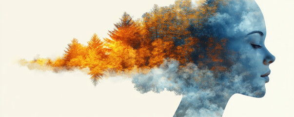 Poster - A woman's face is shown with a tree in the background. The tree is orange and yellow, and it is on fire. The woman's face is calm and peaceful