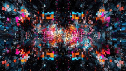 Poster - Abstract vibrant geometric fractal shapes on surface of contemporary design express scene of seamless patterns style. Arranging geometry scenery in pattern perfect for wallpaper and background. AIG51.