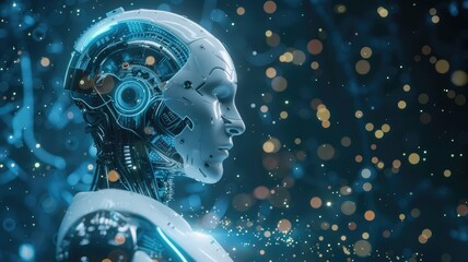 Poster - Science fiction picture of high tech robots for chat bot program, assistance technology about information with deep learning. Futuristic artificial innovative machine assist with intelligence. AIG53.