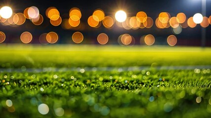 Poster - Vibrant Outdoor Sports Field at Night Lush Green Grass Illuminated by Bokeh Lights, Creating Serene Atmosphere for Evening Activities