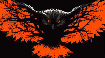 fierce black owl with fiery orange eyes and abstract wings, grunge halloween forest art, dark night 
