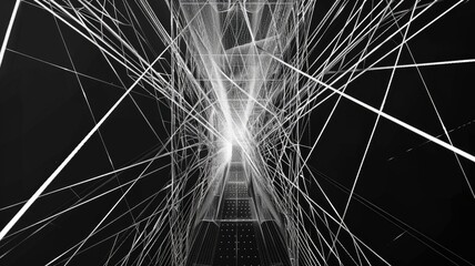 Poster - This abstract image showcases a thin, angled architectural structure with geometric lines and a dramatic play of light and shadows, creating a modern visual experience.