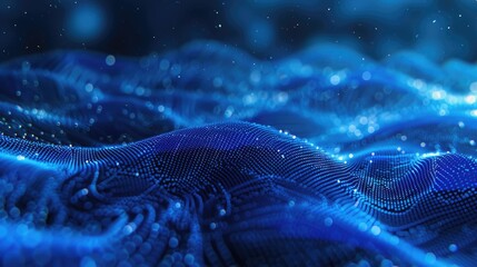 Poster - This abstract image features a stunning blue wave-like pattern filled with dots and lines, creating a mesmerizing and dynamic visual experience. Perfect for various creative projects.