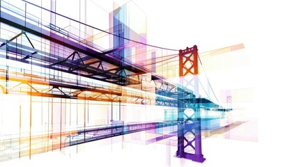Poster - A vibrant abstract graphic of a suspension bridge, featuring colorful geometric patterns and lines, ideal for modern design projects and professional presentations.