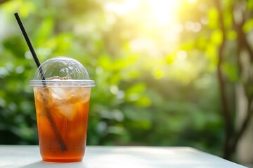 iced tea with straw sits outdoors with bright sun shining on green leaves