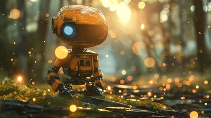 Rusty orange robot sits in a forest