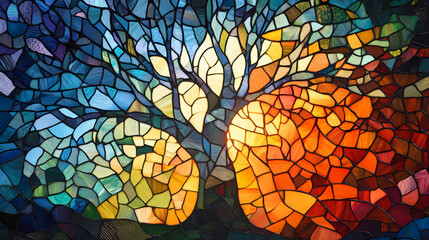 Wall Mural - vibrant stained-glass style tree artwork. [dream architectures] | sky mosaic | aerial tiles. illustr