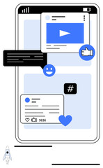 Poster - Smartphone interface with video, comment bubbles, thumbs up button, metadata tags, and reactions, emphasizing digital communication. Ideal for social media, networking, marketing engagement trends