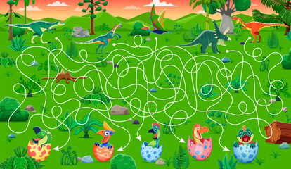 Aufkleber - Kids labyrinth maze game with dino kids. Help to dinosaur mother find her egg. Vector prehistoric worksheet riddle engage players to navigate dino moms through winding paths to reach their babies