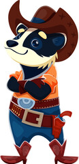 Poster - Cartoon Wild West animal cowboy or raccoon sheriff and ranger, vector character. Funny raccoon bandit or badger sheriff in cowboy hat with revolver guns in bandoleer for Wild West ranger character