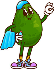 Aufkleber - Avocado groovy cheerful character in swimming cap. Vegan food plant groovy cute character, ripe avocado retro cartoon vector funny character. Tropical fruit 60s 70s funky happy personage on vacation