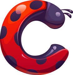 Fototapete - Ladybug cartoon font letter C. Red insect English alphabet typeset element, cute lady bug vector kids ABC type symbol. Spring ladybug beetle cartoon typeface letter or font sign