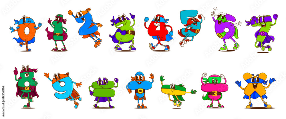 Wacky Numbers Math number cartoon groovy characters as superheroes with funny faces ...
