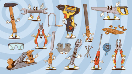 Poster - Cartoon groovy repair, construction and DIY tools characters. Happy hammer, wrench, screwdriver and pliers vector personages. Retro groovy hippie drill, spanner, saw and file work tools characters