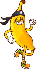 Aufkleber - Cartoon groovy banana pirate and corsair fruit character with a cheeky grin wears black bandana with skull and crossbones emblem playfully dancing with retro hippie vibe, ready for high seas adventure
