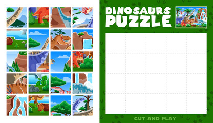 Poster - Prehistoric dinosaur animals jigsaw puzzle logic game. Dinosaurs jigsaw puzzle vector worksheet with tyrannosaur, styracosaurus, hypselosaurus and plateosaurus, paralititan, pteranodon cute characters