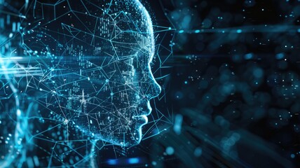 Poster - Science fiction picture of high tech robots for chat bot program, assistance technology about information with deep learning. Futuristic artificial innovative machine assist with intelligence. AIG53.