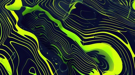 Poster - Abstract digital artwork with neon green and blue textures. Digital image of 3D rendering with glowing green fluid or liquid texture mixing with dark blue watercolor. Bright motion shot design. AIG51.