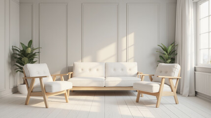 Poster - modern living room featuring white sofa and two matching armchairs, complemented by indoor plants and natural light. serene atmosphere invites