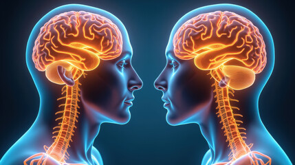 Poster - image depicts two human heads profile, showcasing detailed, glowing brain structures and spinal cords, symbolizing neuroscience and human anatomy