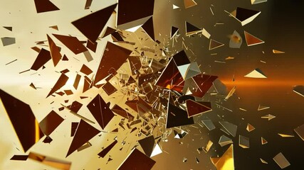 Poster - Abstract explosion of dynamic geometric shapes in gold and bronze, creating energetic visual effect with mesmerizing shards in motion, showcasing chaos and creativity.