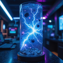 Poster - futuristic display featuring glass cylinder with glowing blue lightning and cosmic elements, creating mesmerizing visual effect