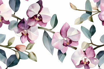Poster - Elegant floral pattern featuring orchids and eucalyptus.
