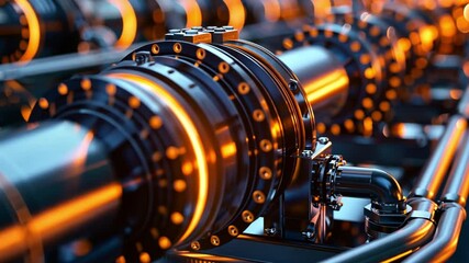 Poster - High tech industrial machinery and equipment featuring intricate metallic pipes and connectors, showcasing advanced engineering and design with glowing elements for modern manufacturing technology.