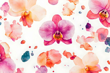 Poster - Delicate watercolor orchid blossoms scattered on white.