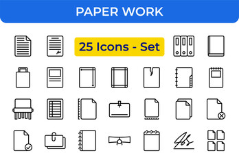Poster - Paper Work Vector Icon Set - Document, file, signature, folder, book, notepad, shredder, checklist, paperclip, calendar, contract, form - Editable Line Weight