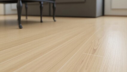 Poster - LVP Flooring. Trendy hardwood flooring. Trend product close-up. Trendy hardwood floor features dark wood tone with sleek black chair, epitomizing modern home decor style.