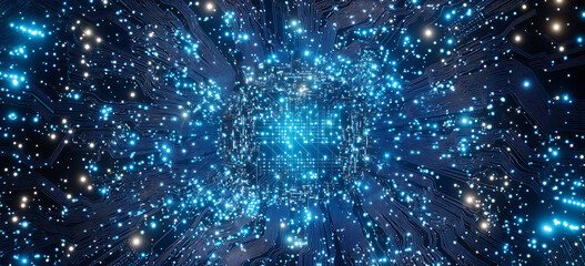 Poster - Blue technology background with a circuit board and glowing dots on a dark blue background. Vector presentation design template, AI digital pattern with copy space for your text.