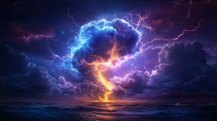Wall Mural - dramatic thunderstorm over a tumultuous ocean at night