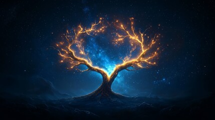 Wall Mural - Mystical glowing tree under a starry night sky