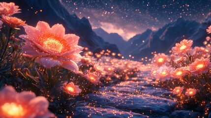 Wall Mural - Enchanted pathway through glowing flowers at twilight