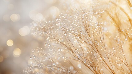 Wall Mural - Close-up photography of delicate grass blades adorned with glistening water droplets, set against a soft, blurred golden background that creates a dreamy, ethereal atmosphere. The image captures the i