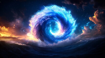 Wall Mural - Cosmic vortex emerging from turbulent ocean waves
