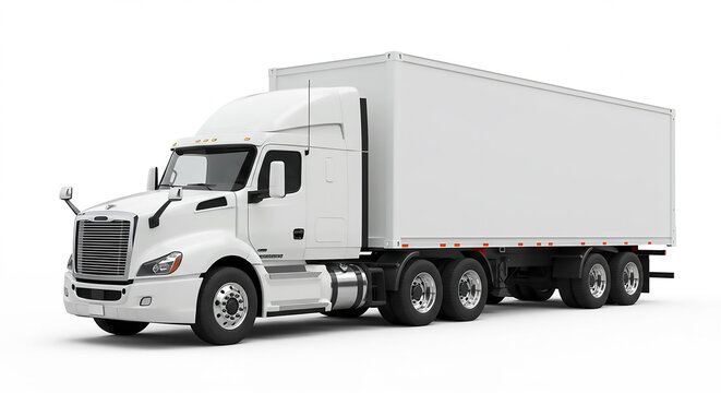 A white freightliner semi truck with a trailer parked on a white surface in a studio setting