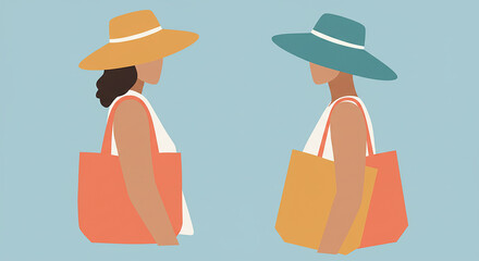 Poster - Two female shoppers wearing summer hats are carrying tote bags