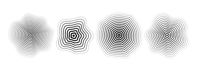 Poster - Black concentric ripped circle set. Dotted and dashed round sound wave collection. Epicenter, target, radar, sonar icon concept. Vector halftone radial radio signal or vibration element pack