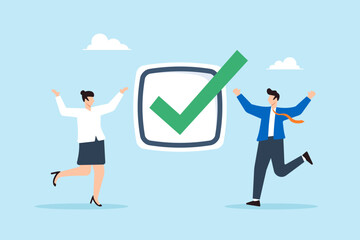 Poster - Flat illustration of happy business people celebrating big checkmark symbolizing task completion project success teamwork and achievement