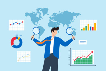 Aufkleber - Flat illustration of businessman analyzing global market with magnifying glasses surrounded by graphs charts and world map for business insight