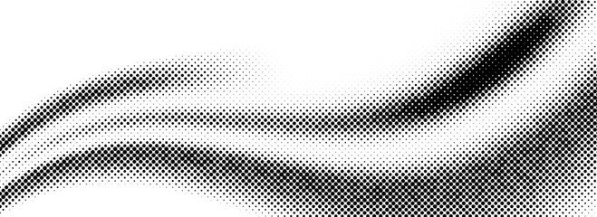 Poster - Black halftone dot wave pattern. Abstract grain fluid texture background. Dotted grit curve wallpaper. rasterized undulate swoosh overlay for poster, booklet, banner, brochure, flyer, leaflet. Vector