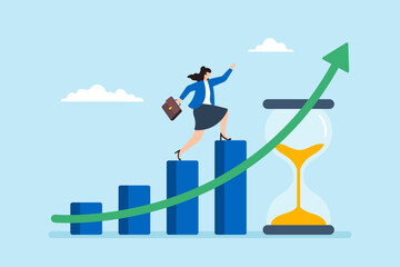 Poster - flat illustration of confident woman walking on growing bar chart with hourglass representing patien