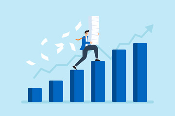 Poster - Flat illustration of businessman climbing growing bar chart while carrying heavy paperwork as symbol of pressure growth and productivity challenge